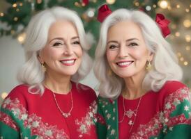 ai generado disfrutando Navidad con el sonrisas de dos encantador señoras. foto