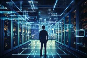 AI generated Rear view of young businessman looking at night city hologram. 3D Rendering, Administrator Working With Data Protection Engineering Network for Cyber Security in data center, AI Generated photo