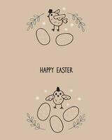 Happy Easter background vector illustration. Spring card design with chickens, plants, stars,dyed eggs, hand drawn festive motif in boho style. For congratulation, print, paper, poster, template, web