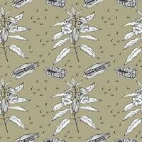 Sesame seamless pattern. Repeating background with flower, branch and sesame seeds. Hand drawn backdrop, decorative ornament. Vector illustration, for print, paper, label, template, packaging, design