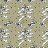 Sesame seamless pattern. Repeating background with flower, branch and sesame seeds. Hand drawn backdrop, decorative ornament. Vector illustration, for print, paper, label, template, packaging, design