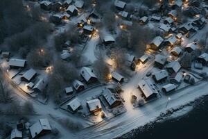 AI generated Aerial view of the small fishing village in winter at night, Aerial photography of a beautiful snow covered village in winter evening, AI Generated photo