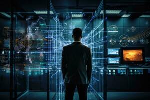 AI generated Back view of businessman looking at digital business interface. 3D rendering, Administrator Working With Data Protection Engineering Network for Cyber Security in data center photo