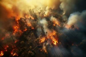 AI generated Forest fire in the evening. Burned trees in the foreground, Aerial view of a burning forest, Wildfire, global warming and climate change concept, AI Generated photo