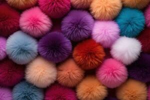 AI generated Background of multicolored fluffy fur. Colorful fur background, Abstract background with colorful pompoms, AI Generated photo