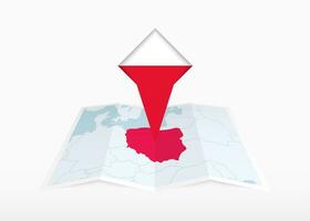 Poland is depicted on a folded paper map and pinned location marker with flag of Poland. vector