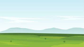 landscape cartoon scene with green field and white cloud in summer blue sky background vector