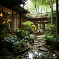 AI generated Backyard oasis with private garden and beautiful landscape. AI Generative. photo