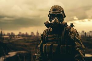AI generated United States Navy special forces soldier in action on war foggy city background. Selective focus, A geared-up army soldier stands and looks at the battlefield, battlefield background photo