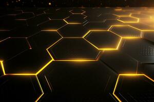 AI generated Abstract technology background with hexagons and glowing lines. 3d render, Abstract yellow light arrow on black with hexagon mesh design modern luxury futuristic technology background photo