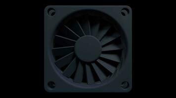 Computer fan cooler animation. Black cooling fan. 3D computer case fan. Transparent background with alpha channel video