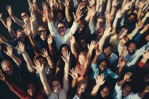 ai generado multiétnico grupo de personas levantamiento manos unión diversidad concepto, encima ver de diverso grupo de personas levantamiento manos juntos, ondulación, ai generado foto