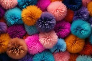 AI generated Colorful fur background. Close up of colorful fluffy fabric background, Abstract background with colorful pompoms, AI Generated photo