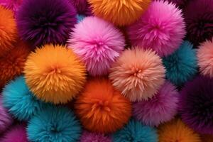 AI generated Colorful fluffy pompoms background. Top view, flat lay, Abstract background with colorful pompoms, AI Generated photo