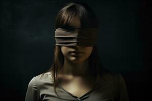 AI generated Young woman with blindfold on her eyes looking at the camera. Dark background, a young woman with a blindfold that prevents her from seeing, AI Generated photo