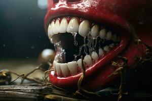 AI generated Creepy red devil teeth and mouth, halloween concept, Acute toothache, AI Generated photo