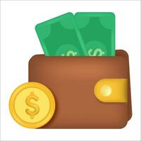 wallet with dollar banknotes and coins. Vector Money wallet with green cash and gold coins