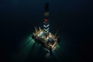 ai generado petróleo y gas industria. petróleo plataforma en el mar. ver desde arriba, aéreo ver de Jack arriba perforación plataforma en el medio de el Oceano mientras plataforma moverse a noche tiempo, ai generado foto