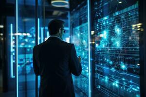 AI generated Back view of businessman in suit looking at digital business hologram on city background, Administrator Working With Data Protection Engineering Network for Cyber Security in data photo