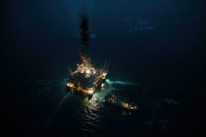 ai generado petróleo y gas plataforma en el medio de el mar a noche, aéreo ver de Jack arriba perforación plataforma en el medio de el Oceano mientras plataforma moverse a noche tiempo, ai generado foto