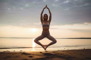 AI generated Young woman practicing yoga on the beach at sunset. Yoga concept, Adult yogi woman doing yoga, AI Generated photo
