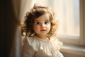 AI generated Beautiful little girl with curly hair sitting on window sill at home, Adorable little baby portrait, Cute baby girl indoor, AI Generated photo