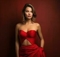 ai generado mujer poses en un sin tirantes rojo noche vestido, foto