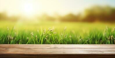 AI generated wooden counter with grass in the background with sun and blue sky, photo