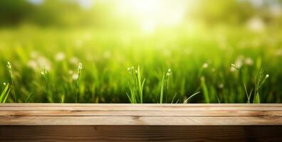 AI generated wooden counter with grass in the background with sun and blue sky, photo