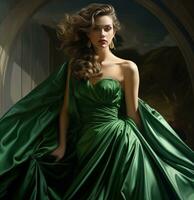 AI generated woman wearing green gown, photo