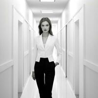 AI generated young woman in a business suit posing in corridor, photo