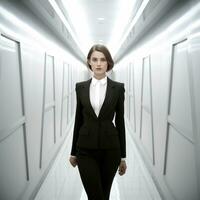 AI generated young woman in a business suit posing in corridor, photo