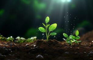 AI generated young plant sprouts growing from the dirt, photo