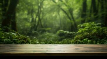 AI generated wood table in green and blurry forest, photo