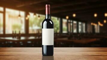 AI generated Wine bottle with blank front, realistic on a mockup template in a wooden table in restaurant photo