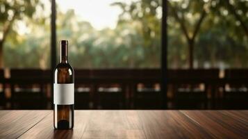 AI generated Wine bottle with blank front, realistic on a mockup template in a wooden table in restaurant photo