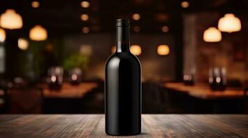 AI generated Wine bottle with blank front, realistic on a mockup template in a wooden table in restaurant photo