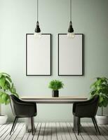 AI generated white wooden dining table with two picture frames and potted plants, photo