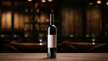 AI generated Wine bottle with blank front, realistic on a mockup template in a wooden table in restaurant photo