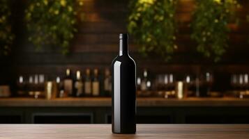 AI generated Wine bottle with blank front, realistic on a mockup template in a wooden table in restaurant photo