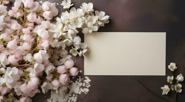 ai generado blanco flores con blanco tarjeta de nota cerca un gris fondo, foto
