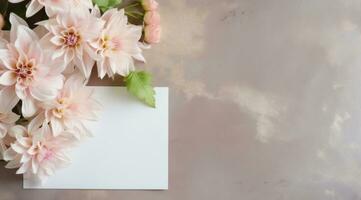 AI generated white flower bouquet and blank card on a concrete background, photo