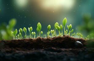 AI generated wet soil with sprouts of green grass growing up on top, photo