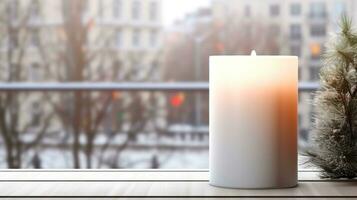 AI generated white candle with blank front, realistic on a mockup template in a winter window photo