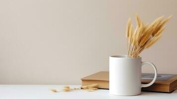 ai generado blanco café tazas con blanco Galleta masa, azúcar galletas y Navidad decoración foto