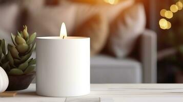 AI generated white candle with blank front, realistic on a mockup template in a coffee table in a luxury home photo