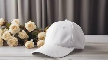 AI generated white Cap with blank front, realistic on a mockup template in a white table in a luxury home photo