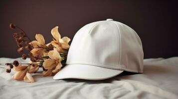 AI generated white Cap with blank front, realistic on a mockup template in a white table in a luxury home photo