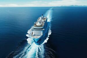 AI generated Cruise ship in the sea. View from above. 3d rendering, Aerial front view of a generic cruise ship traveling with speed over blue ocean, AI Generated photo