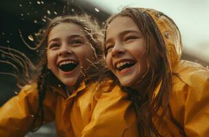 AI generated two young girls playing in rain, photo